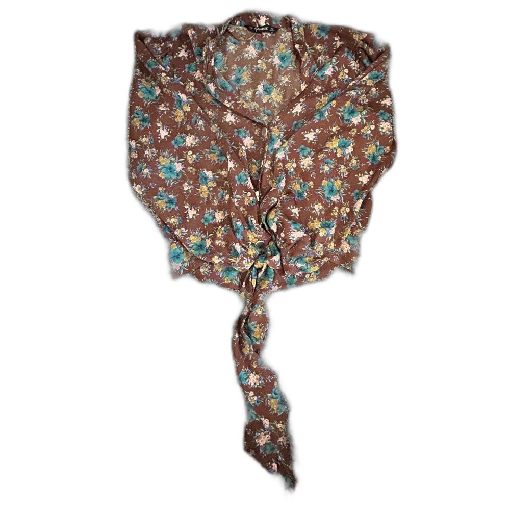 Zara Basic Brown Floral V-Neck Tie Hem Cropped Tie Blouse L